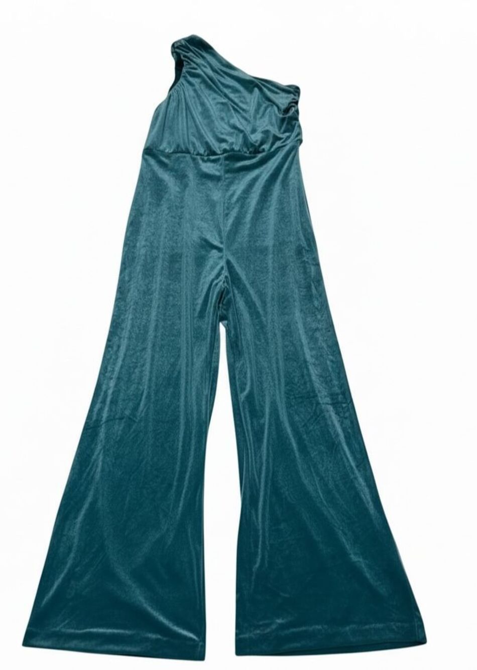 Express High Waist Wide Leg Velvet Jumpsuit One Shoulder Ruched Top Green Large
